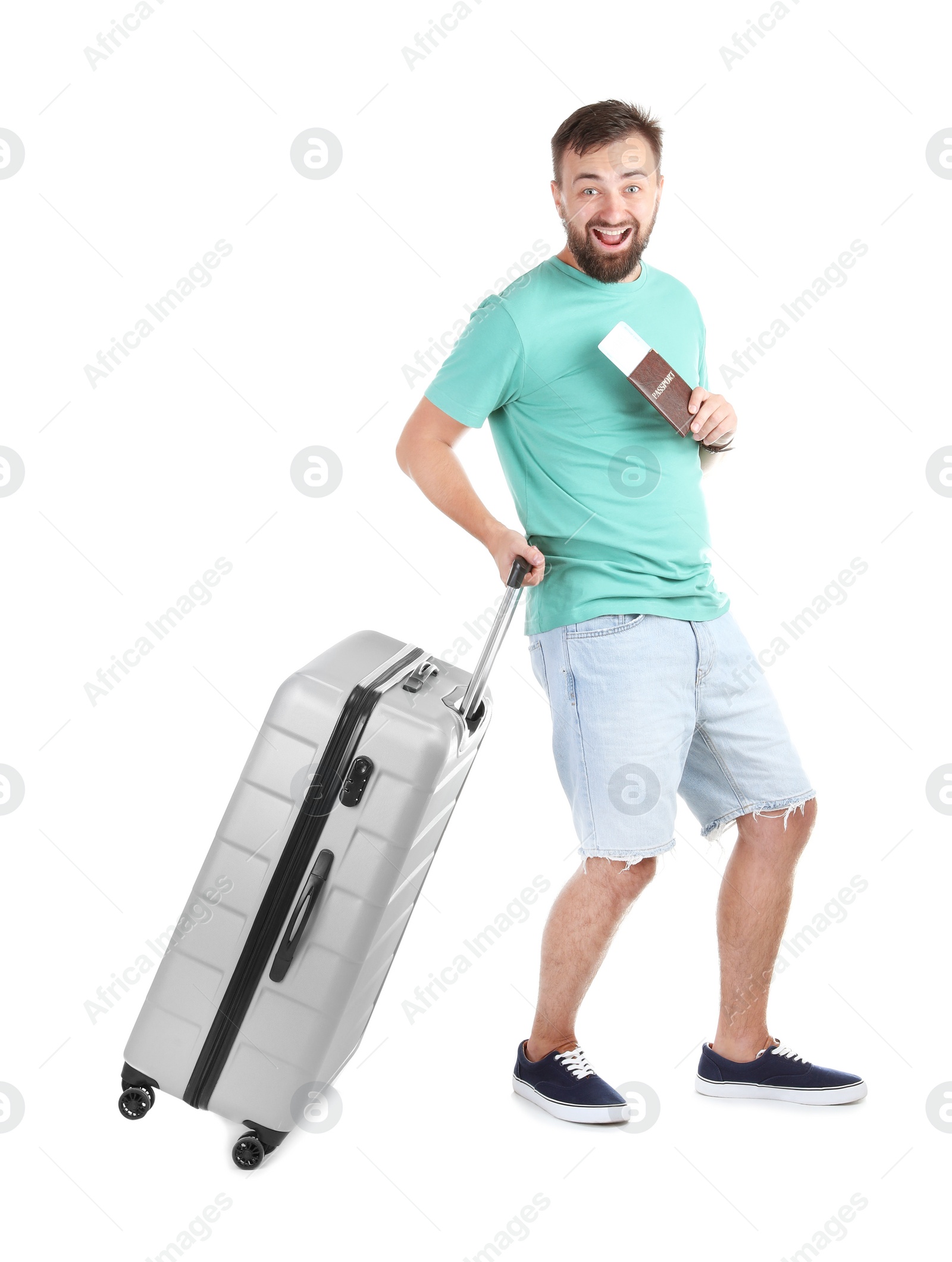 Photo of Man with suitcase and passport on white background. Vacation travel