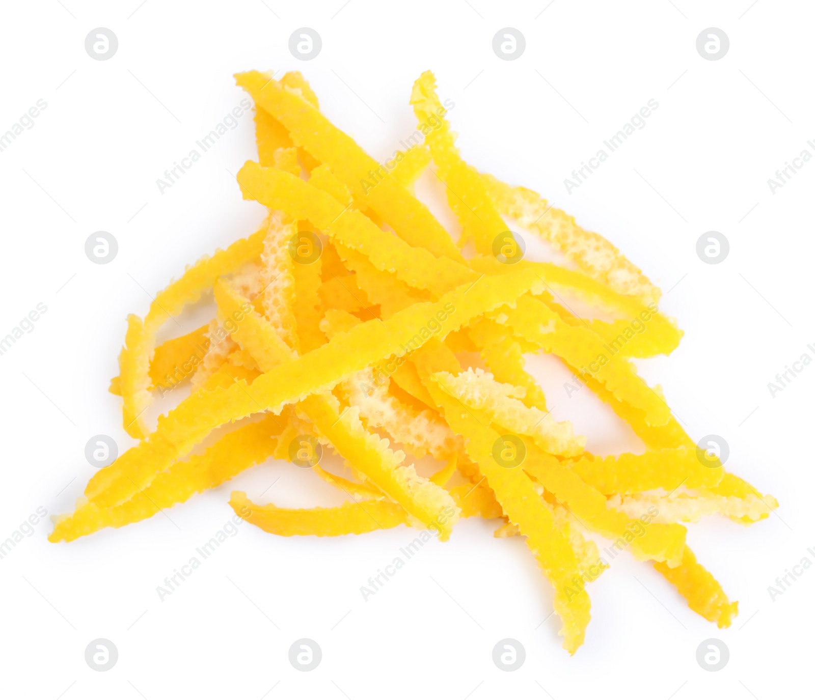 Photo of Fresh lemon zest on white background, top view