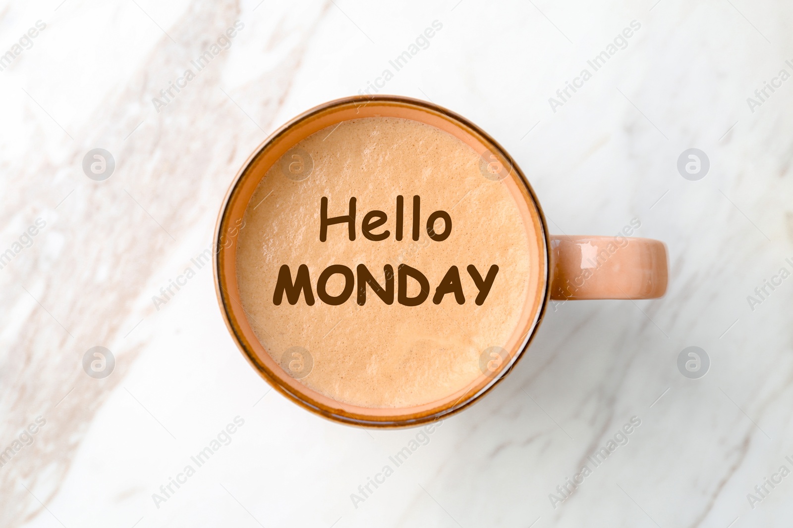 Image of Hello Monday, start your week with good mood. Cup of freshly brewed aromatic coffee on white marble table, top view
