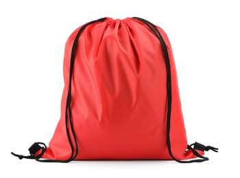 One red drawstring bag isolated on white