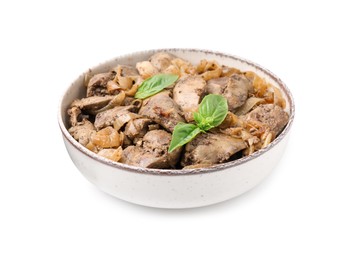 Photo of Delicious fried chicken liver with onion and basil in bowl isolated on white