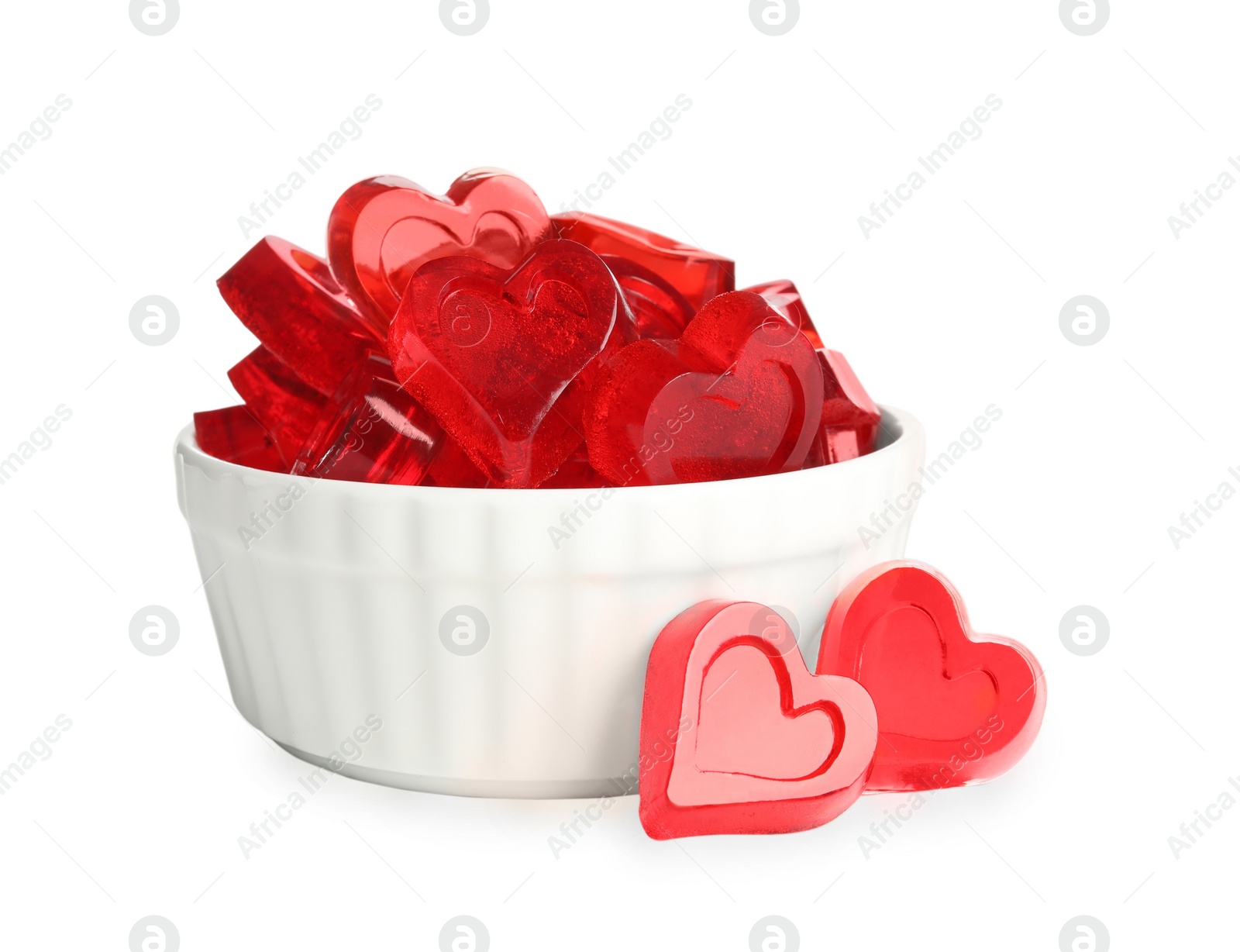 Photo of Sweet heart shaped jelly candies on white background