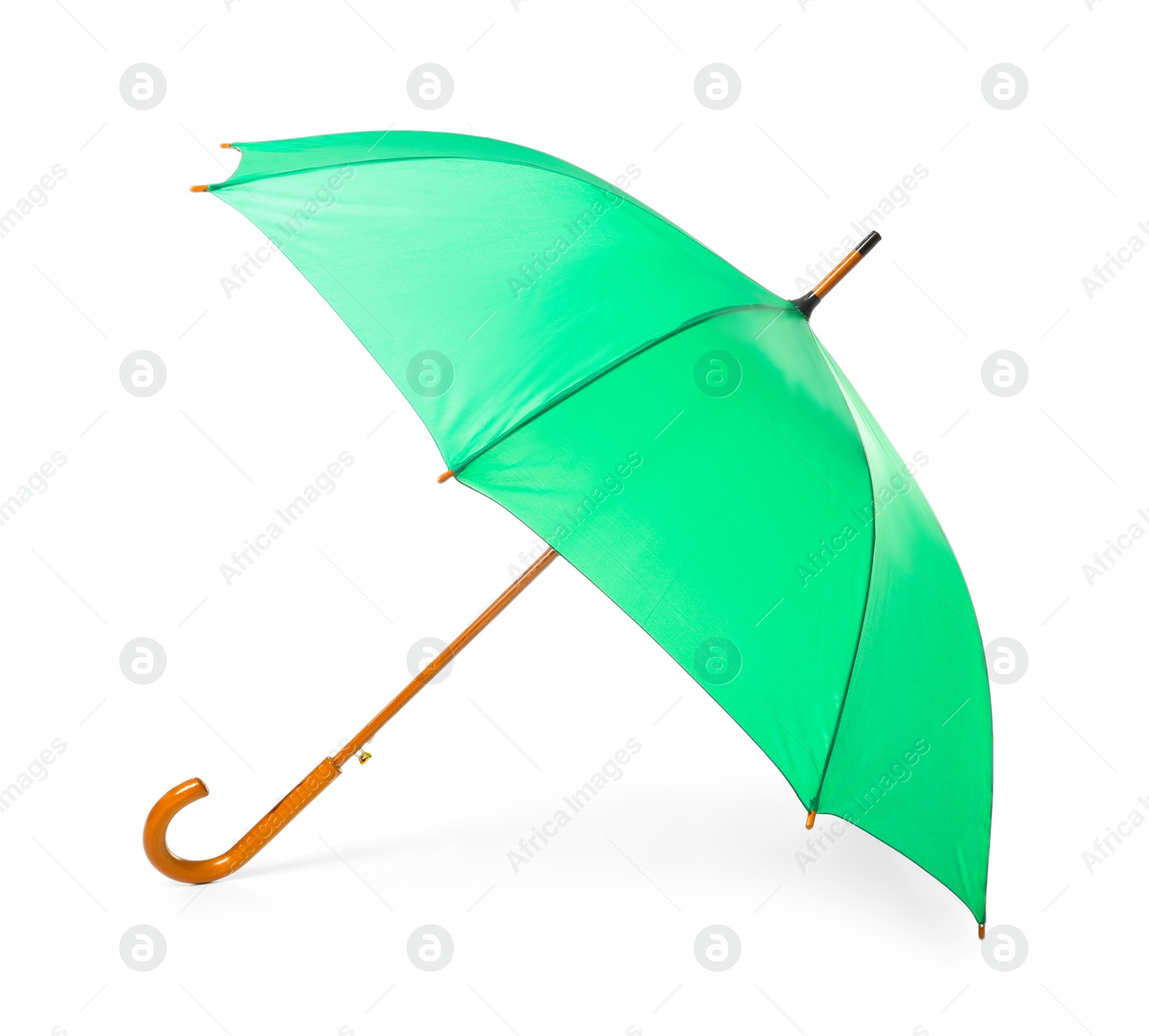 Photo of Modern opened green umbrella isolated on white