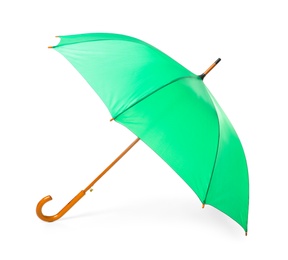 Photo of Modern opened green umbrella isolated on white