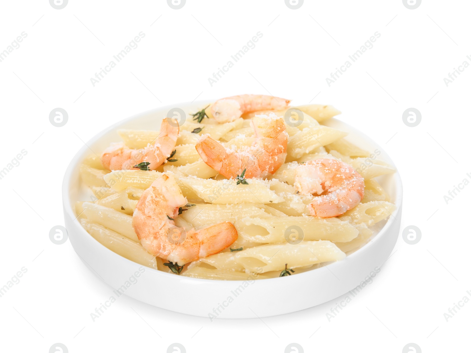 Photo of Delicious pasta with shrimps isolated on white