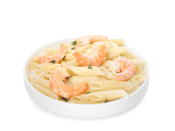 Photo of Delicious pasta with shrimps isolated on white