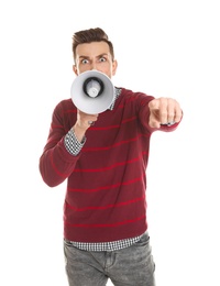 Photo of Young man using megaphone on white background