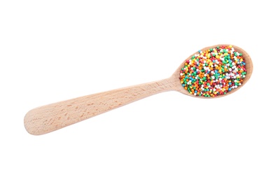 Photo of Colorful sprinkles in spoon on white background, top view. Confectionery decor