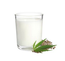Photo of Glass of fresh hemp milk, seeds and leaf on white background