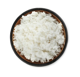 Photo of Bowl of boiled rice on white background, top view