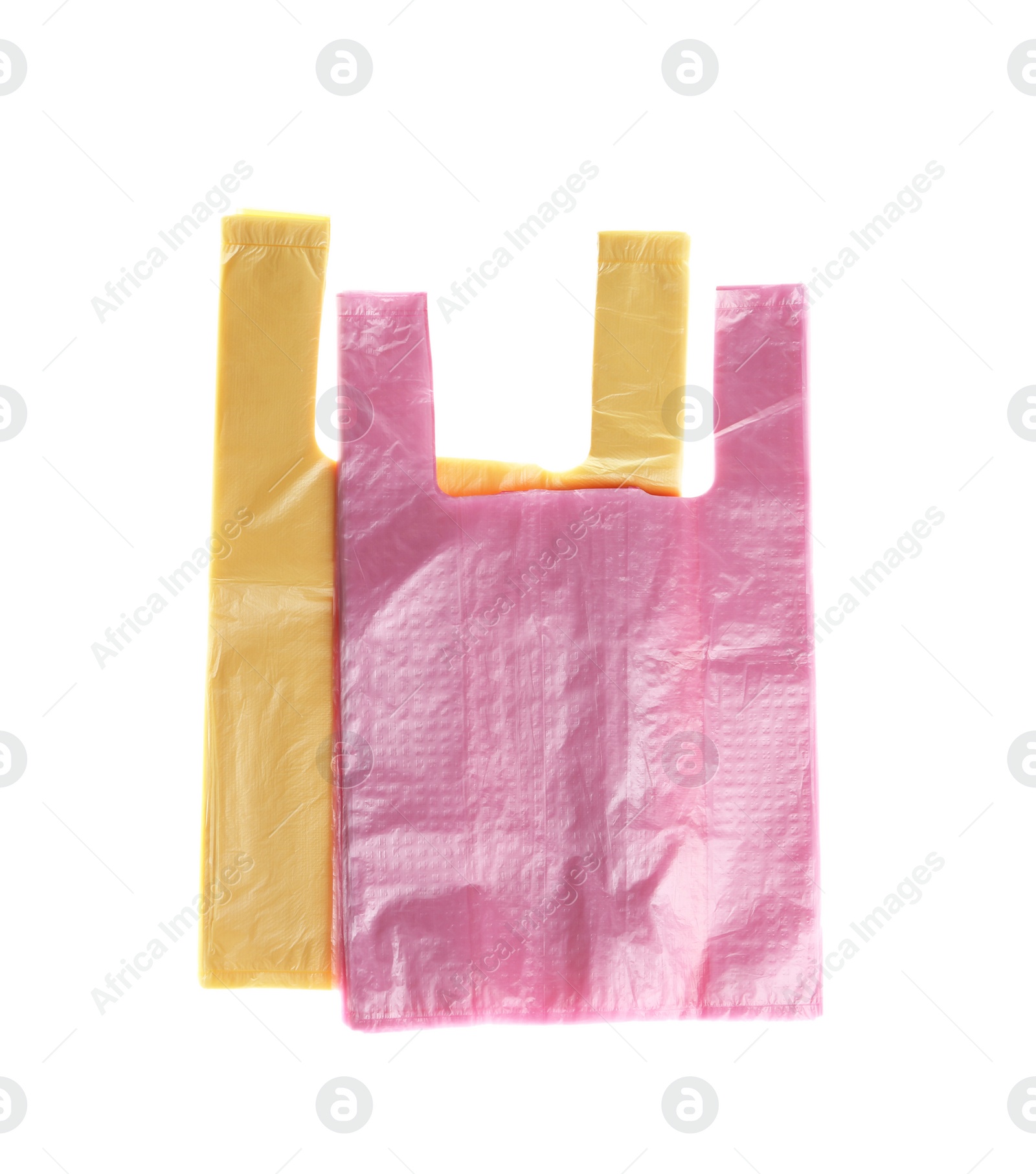 Photo of Stack of plastic bags isolated on white, top view