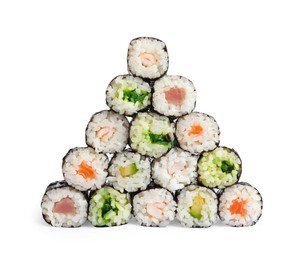 Photo of Delicious fresh sushi rolls on white background