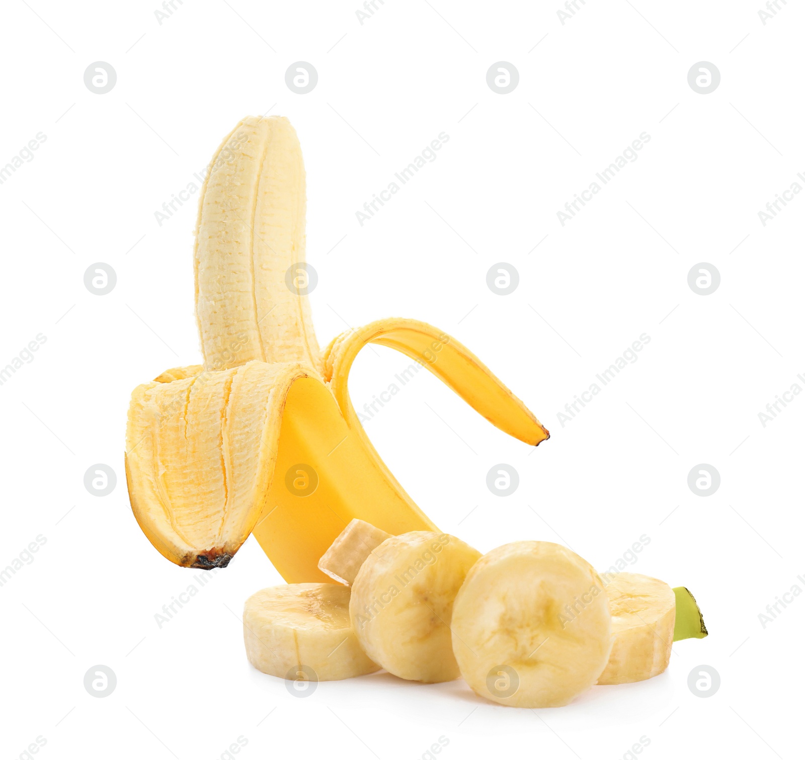 Image of Delicious ripe banana and pieces on white background