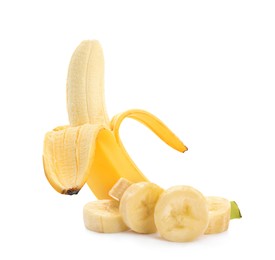 Image of Delicious ripe banana and pieces on white background