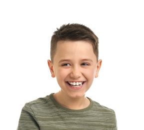 Photo of Portrait of preteen boy on white background
