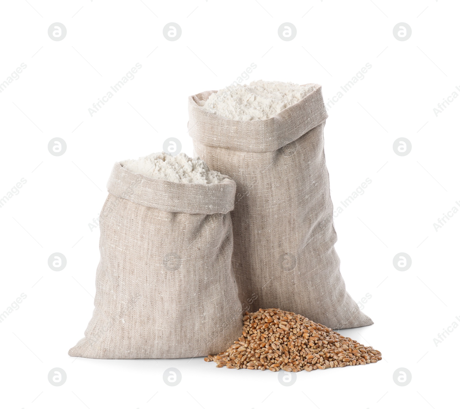 Photo of Sacks with flour and grains on white background