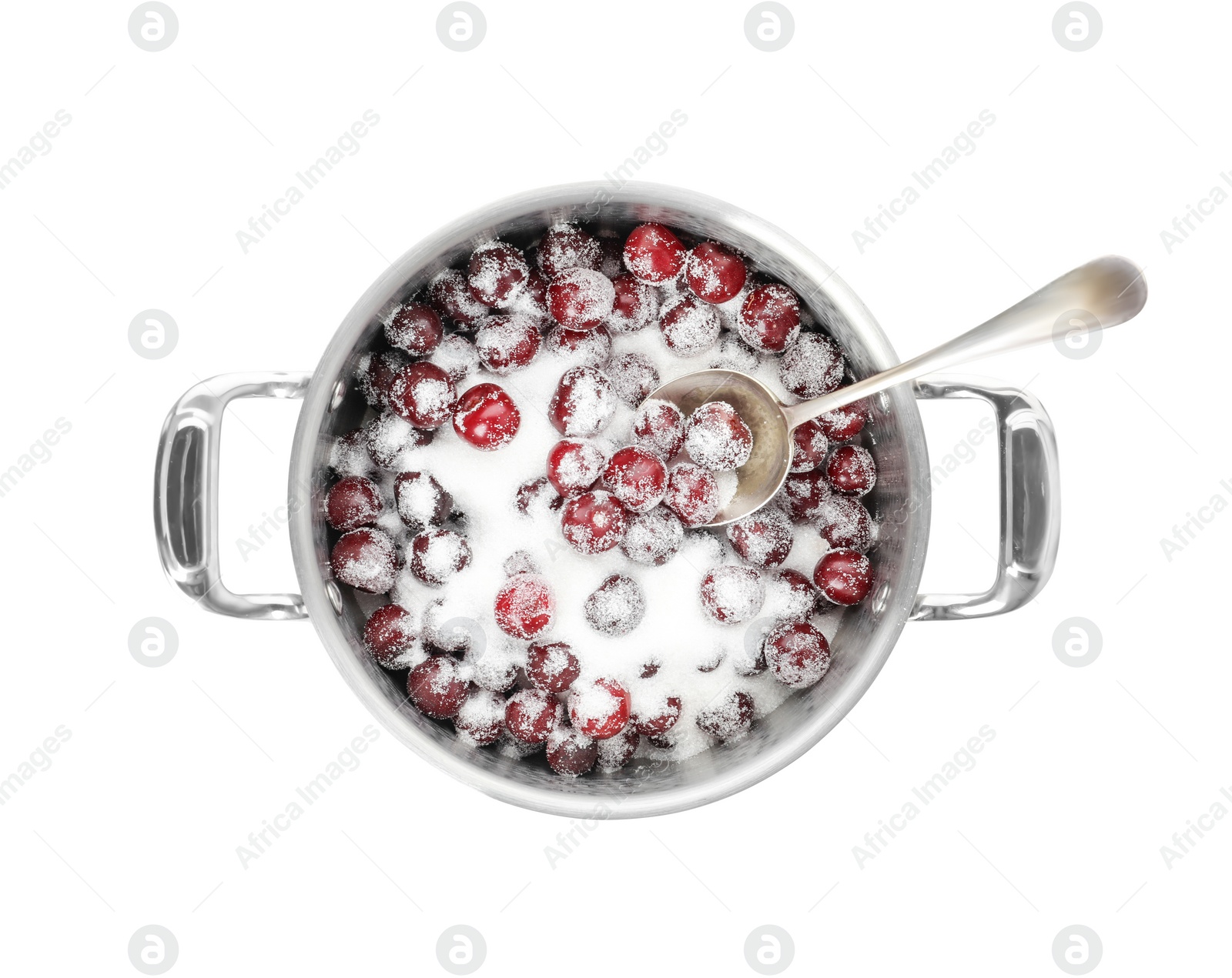 Photo of Pot with cherries and sugar on white background, top view. Making of delicious jam