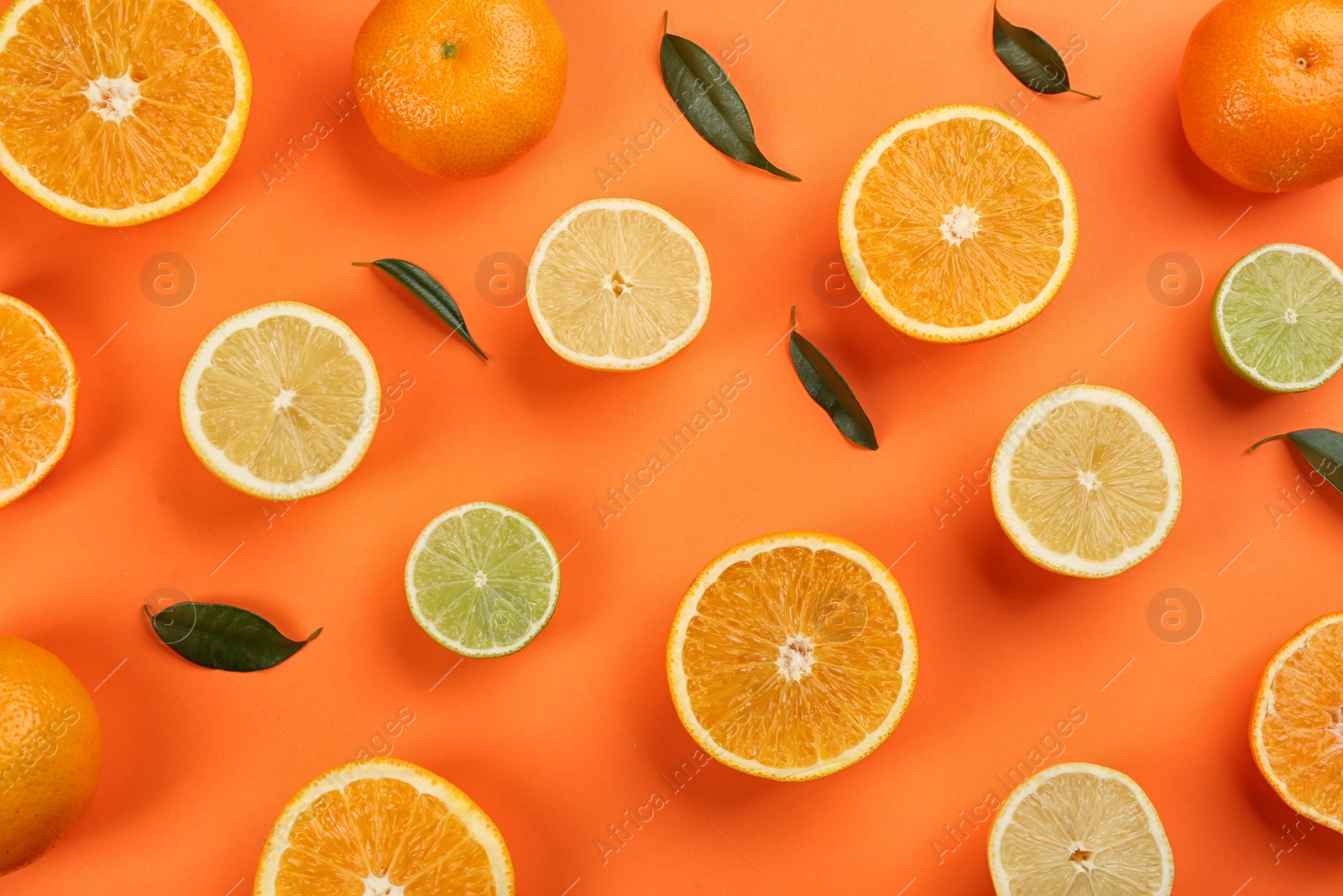 Photo of Flat lay composition with tangerines and different citrus fruits on orange background