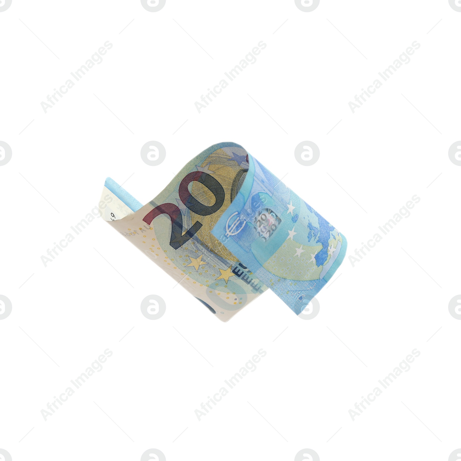 Photo of Euro banknote isolated on white. Flying money