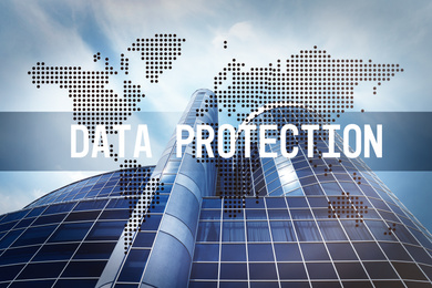 Image of Text DATA PROTECTION, world map and modern building on background