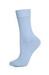 Photo of One light blue sock on white background