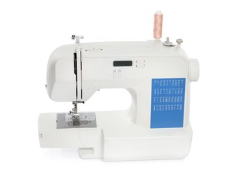 Photo of Modern sewing machine with pink thread isolated on white