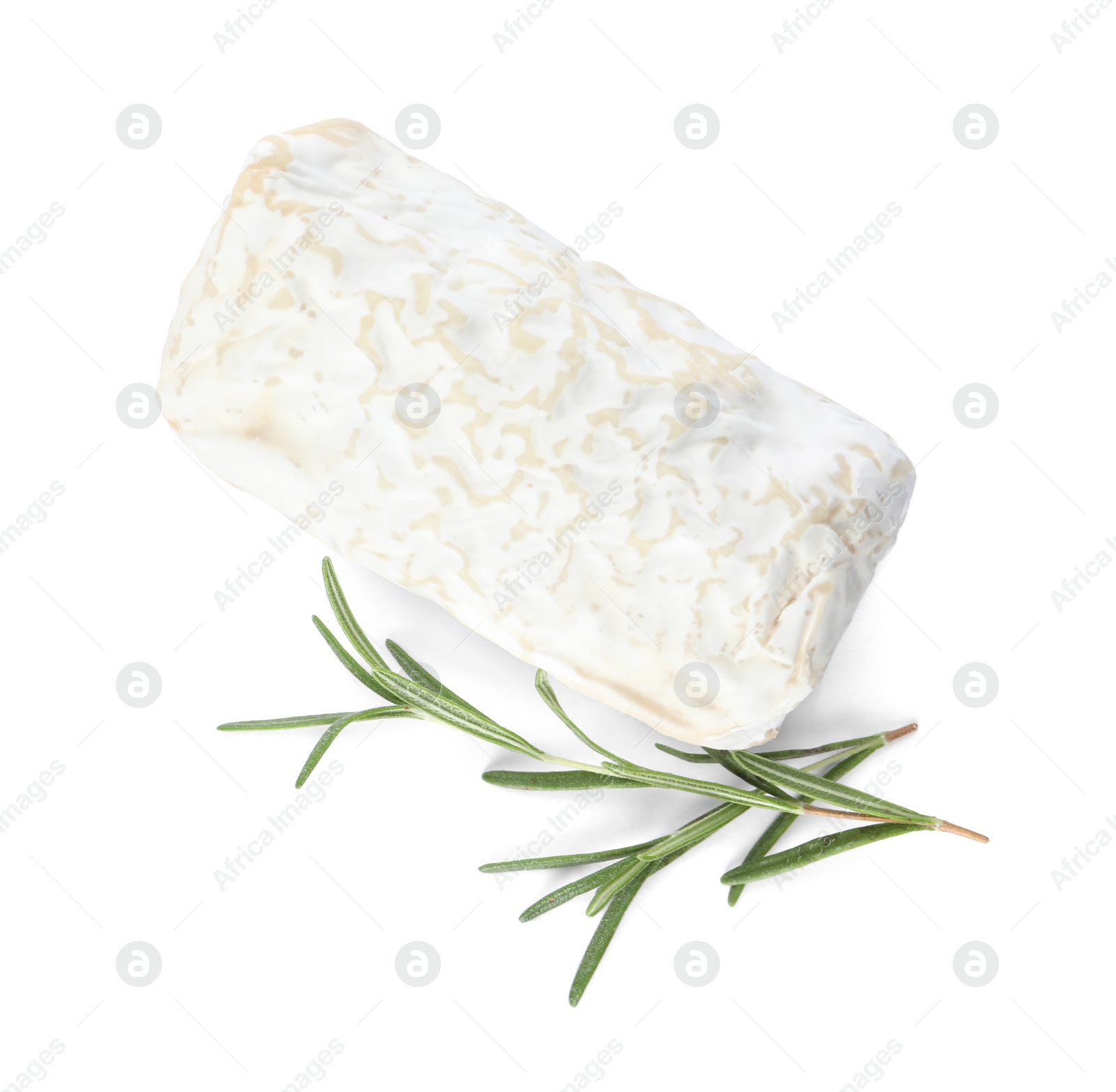 Photo of Delicious fresh goat cheese with rosemary on white, top view