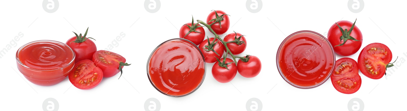 Image of Set of tasty ketchup in bowls and fresh tomatoes on white background, different views