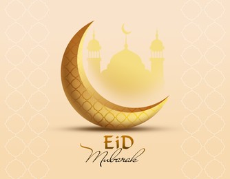 Eid Mubarak greeting card with illustration of crescent moon and mosque on beige background