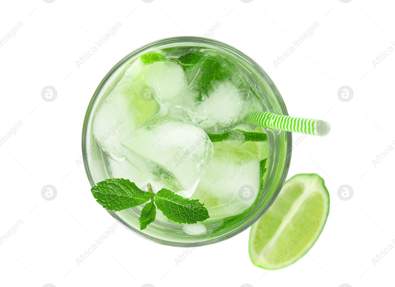 Photo of Delicious mojito isolated on white, top view