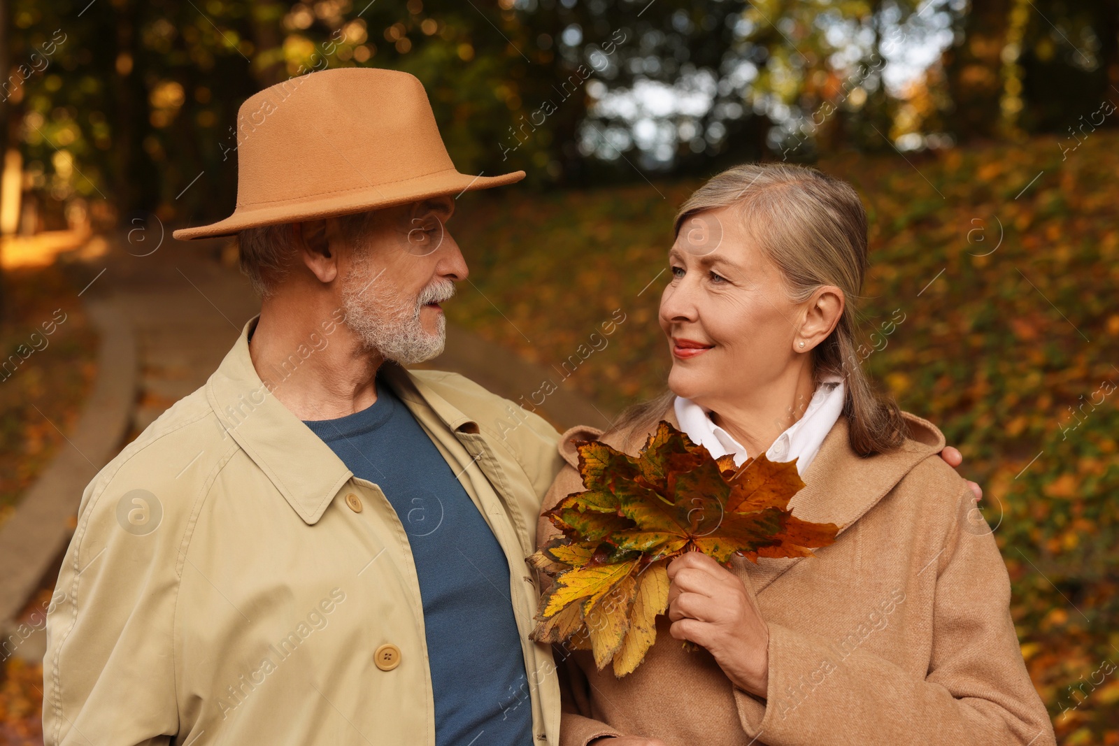 Photo of Portrait of affectionate senior couple with dry leaves in autumn park