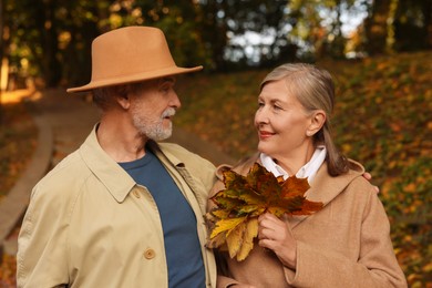 Photo of Portrait of affectionate senior couple with dry leaves in autumn park