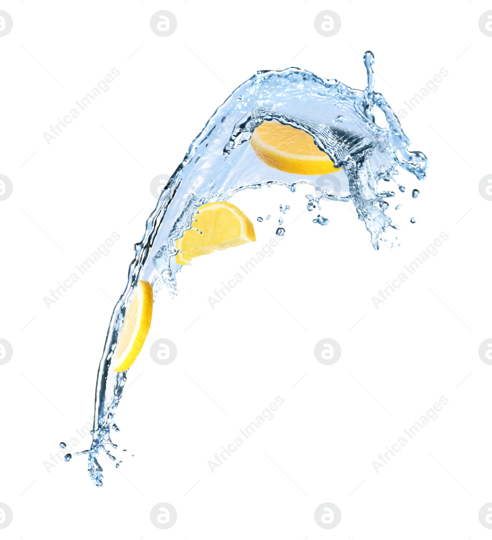 Image of Fresh ripe lemon and splashing water on white background