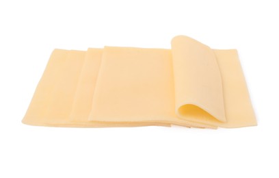 Photo of Slices of tasty fresh cheese isolated on white