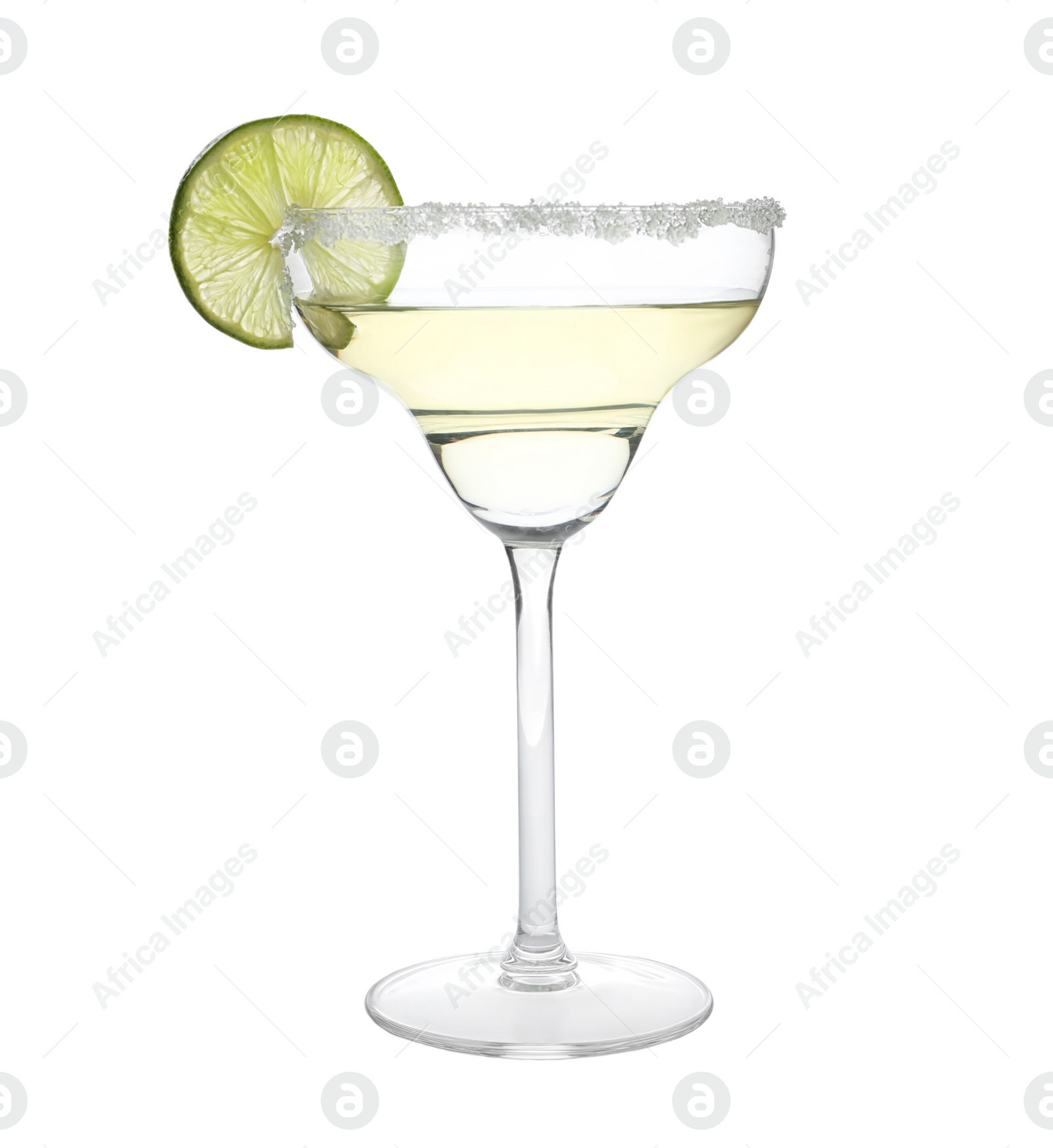 Photo of Glass of lemon drop martini cocktail with lime slice on white background