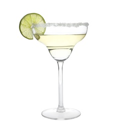 Glass of lemon drop martini cocktail with lime slice on white background