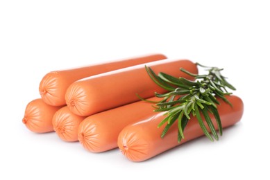 Photo of Raw vegetarian sausages with rosemary on white background