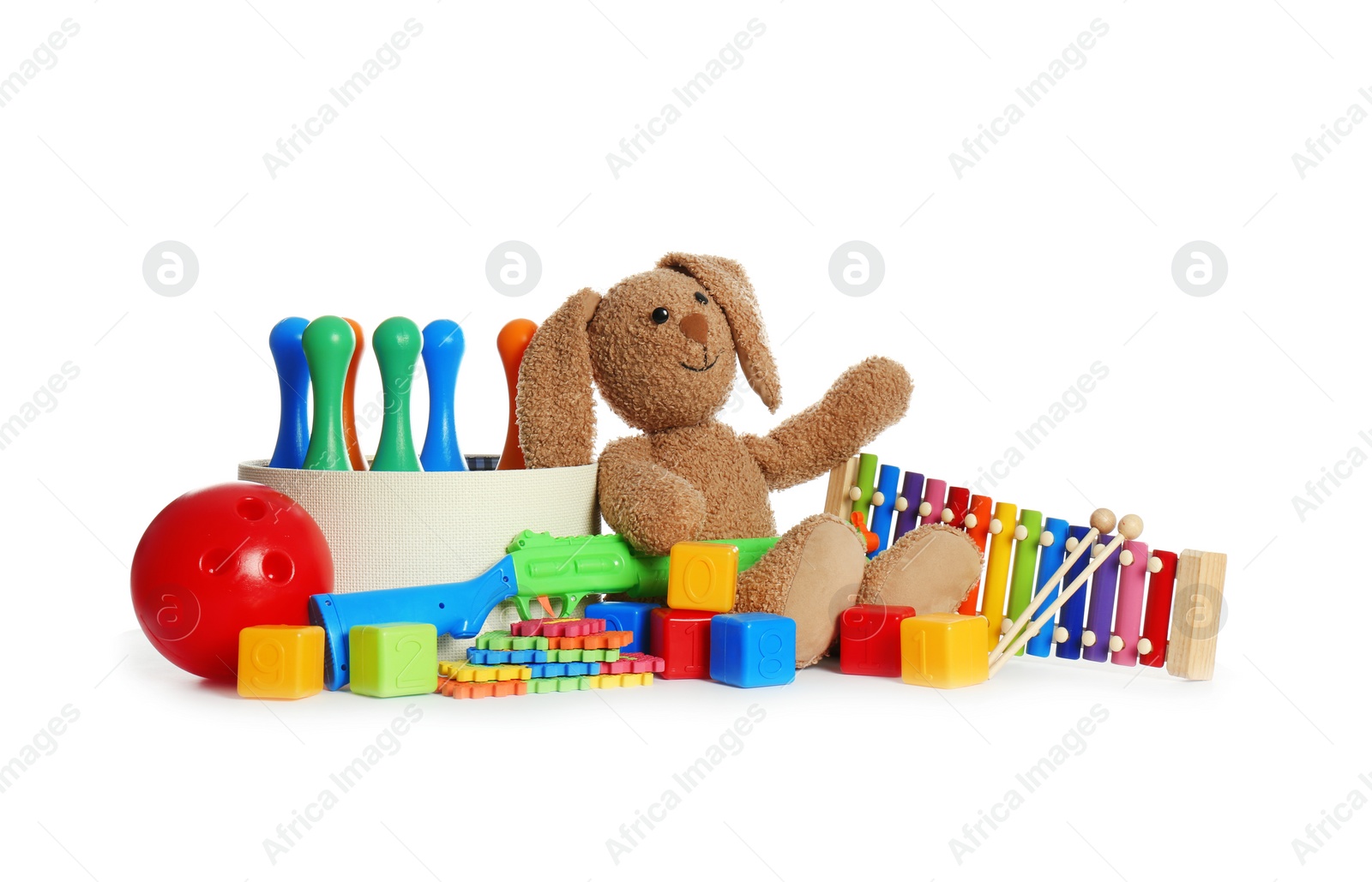 Photo of Set of different child toys on white background