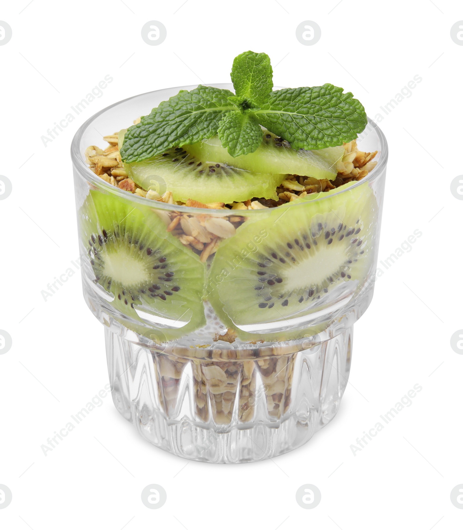 Photo of Delicious dessert with kiwi and muesli isolated on white