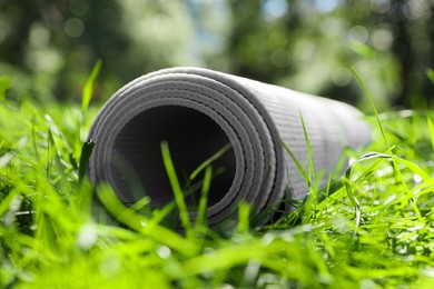 Photo of Rolled karemat or fitness mat on green grass outdoors, closeup