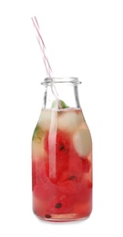 Photo of Bottle with watermelon and melon ball drink on white background