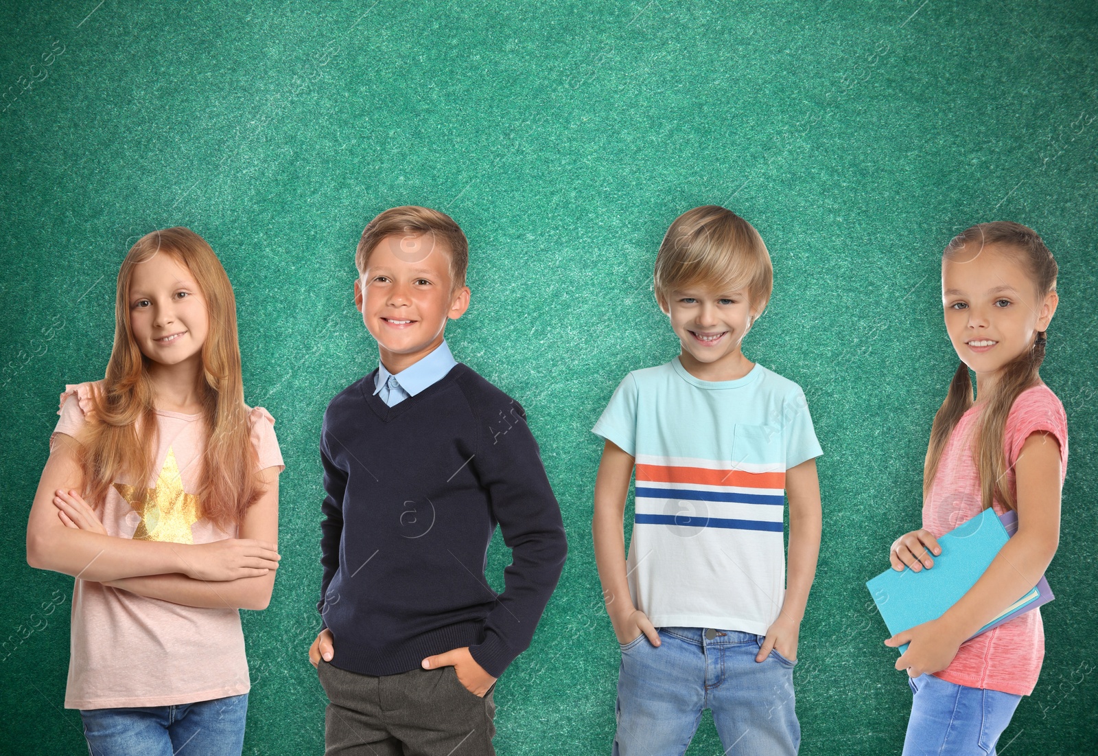 Image of Group of cute school children and chalkboard on background