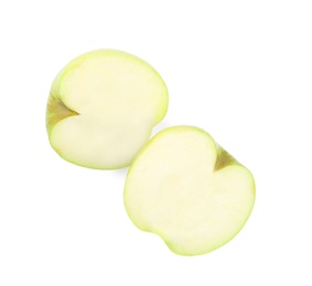 Halves of fresh green apple on white background, top view