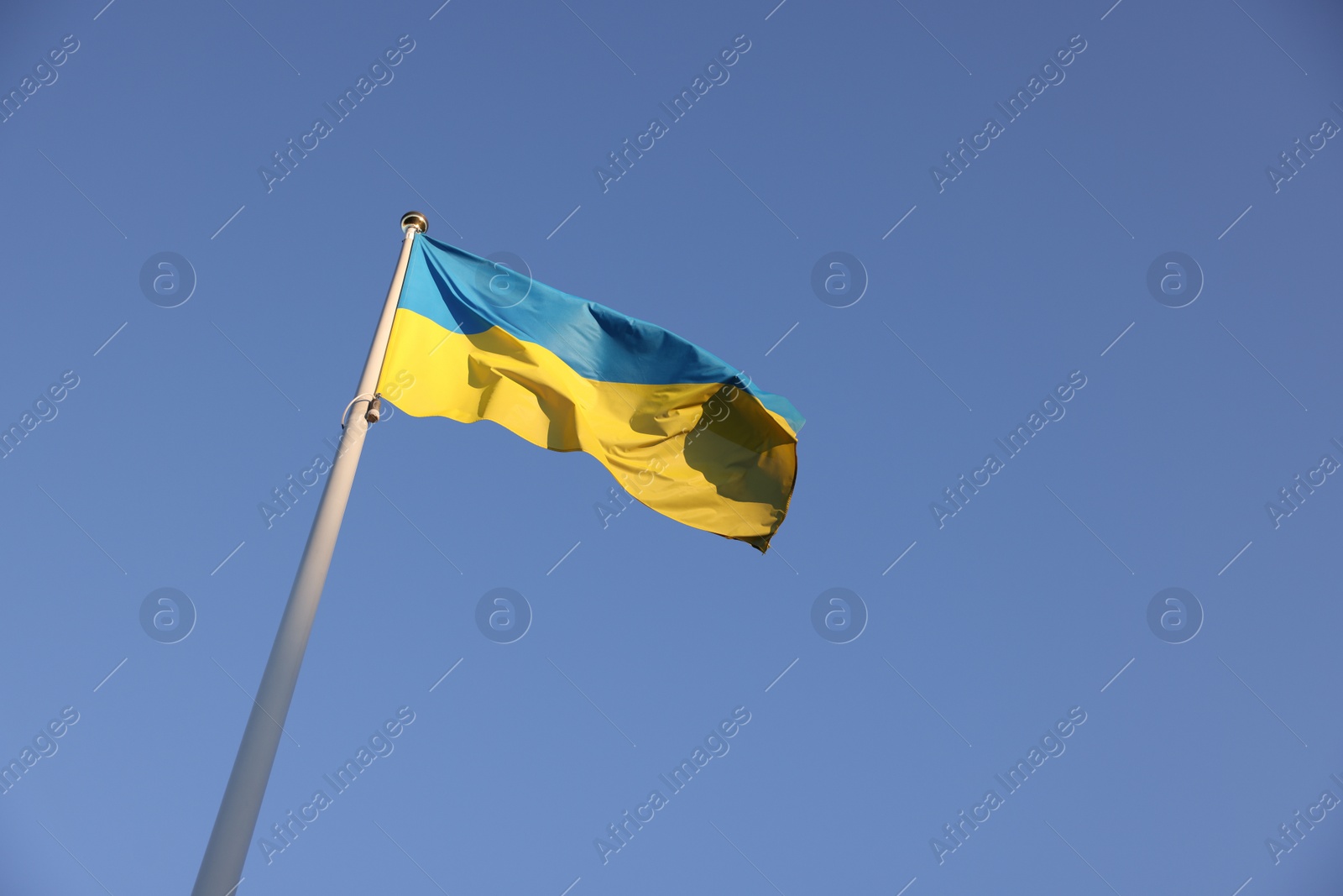 Photo of Flag of Ukraine fluttering against blue sky, low angle view. Space for text