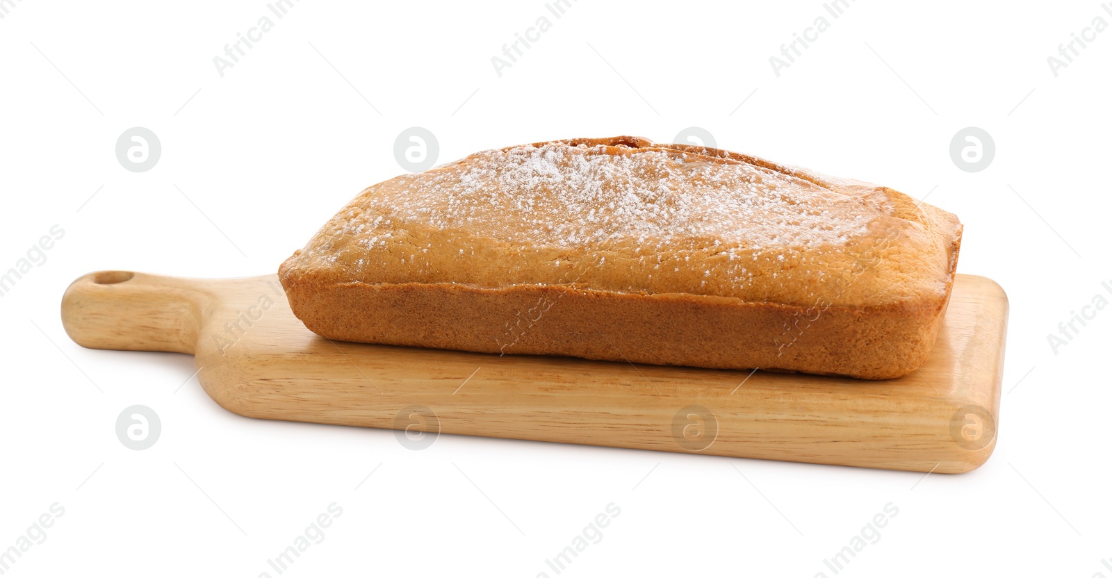 Photo of Delicious homemade yogurt cake with powdered sugar on white background