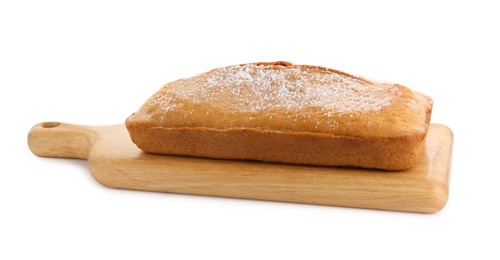 Photo of Delicious homemade yogurt cake with powdered sugar on white background