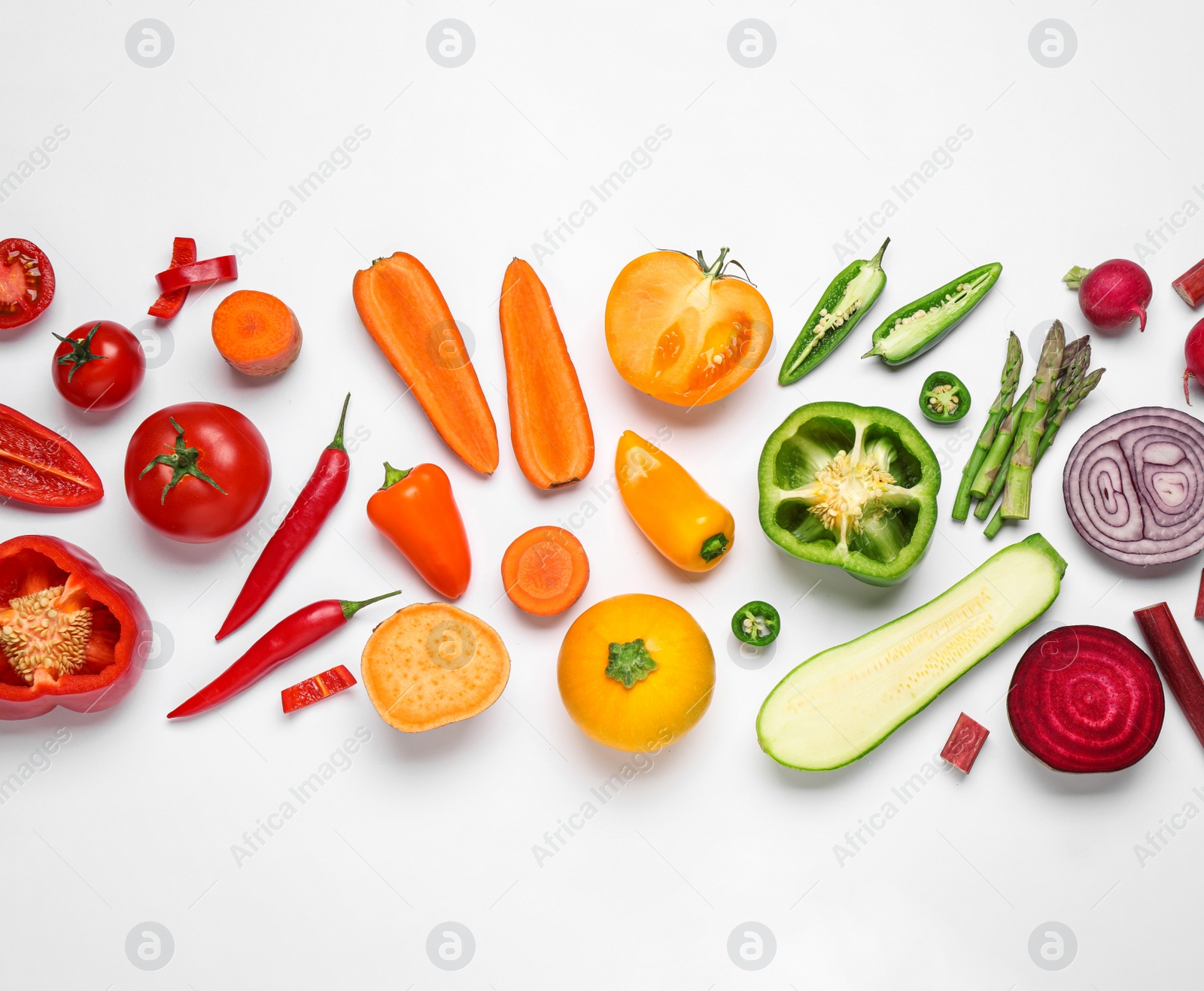 Photo of Different fresh vegetables on white background, top view