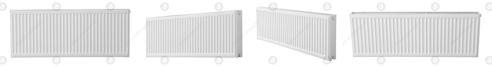 Image of Set with modern panel radiators on white background, banner design. Heating system