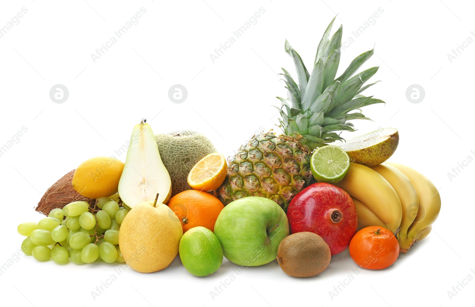 Photo of Set of fresh tropical fruits on white background