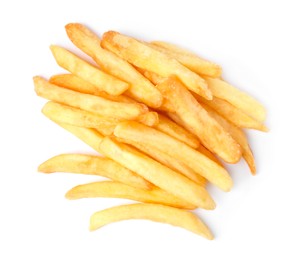Photo of Delicious fresh french fries on white background, top view